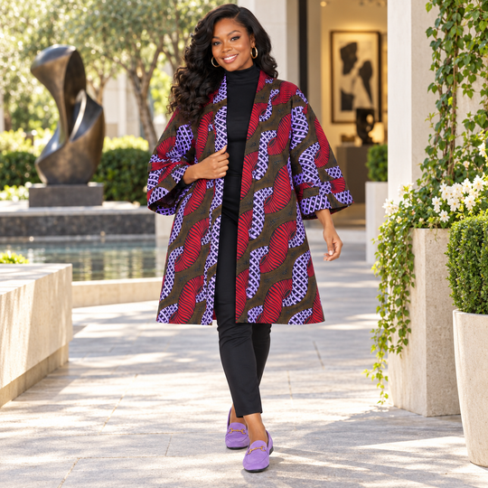 Burgundy &amp; Lavender African Print Short Kimono