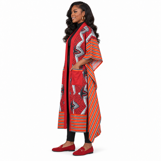 Red African Print Kimono Cardigan with Pockets