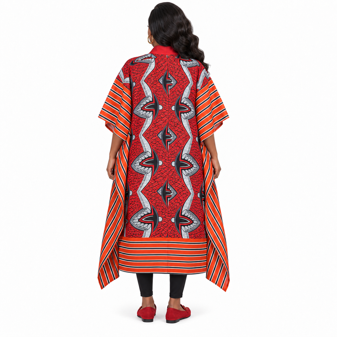 Red African Print Kimono Cardigan with Pockets
