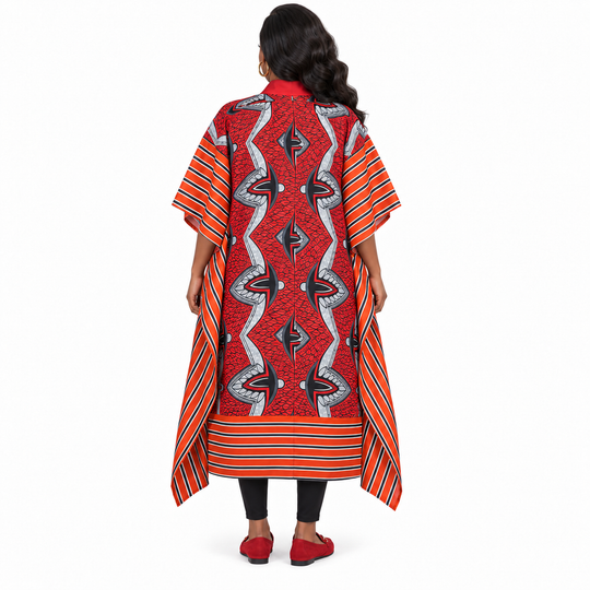 Red African Print Kimono Cardigan with Pockets