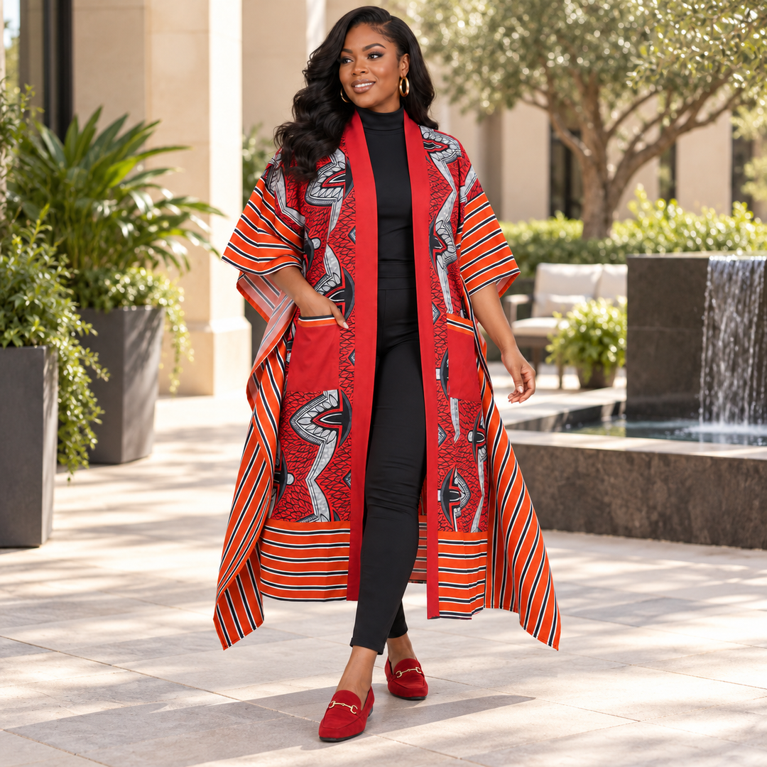 Red African Print Kimono Cardigan with Pockets