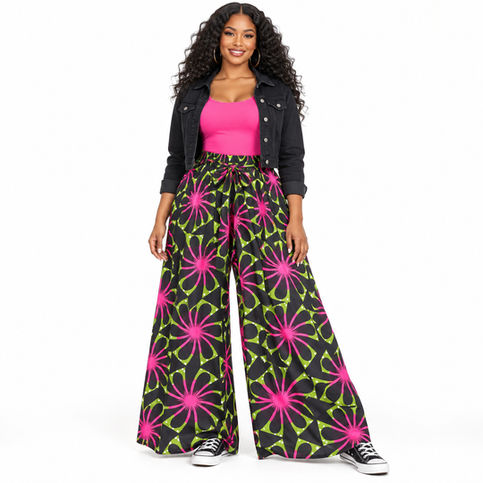 Black, Pink &amp; Green African Print Palazzo Pants