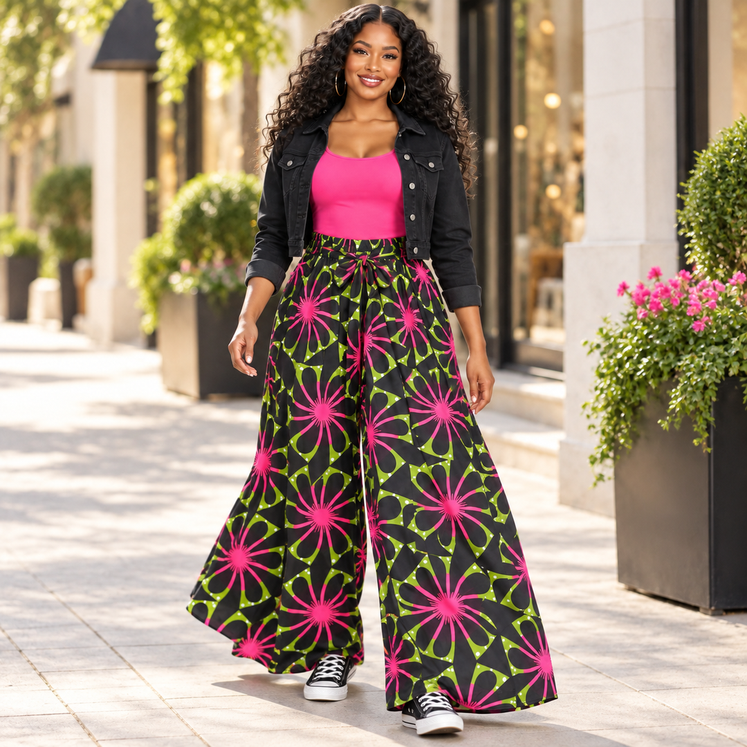 Black, Pink &amp; Green African Print Palazzo Pants