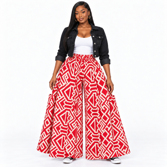 Afrikanische Baumwoll-Palazzo-Hose – Schwarz-roter Print