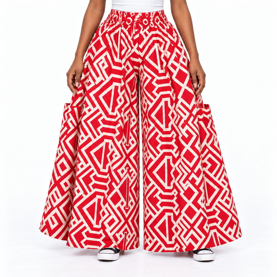 Afrikanische Baumwoll-Palazzo-Hose – Schwarz-roter Print