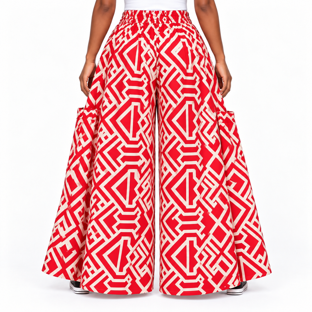 Afrikanische Baumwoll-Palazzo-Hose – Schwarz-roter Print