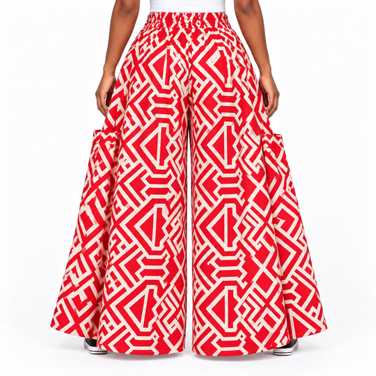 Afrikanische Baumwoll-Palazzo-Hose – Schwarz-roter Print