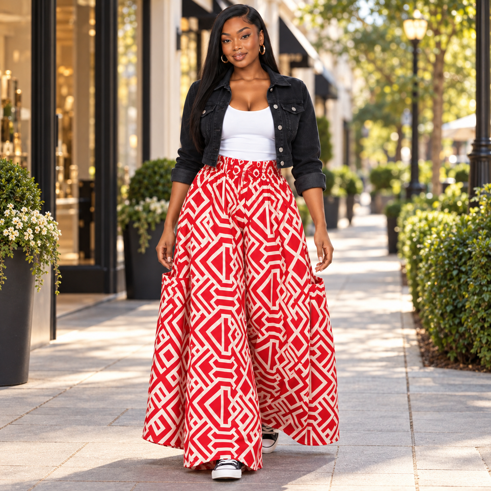 Afrikanische Baumwoll-Palazzo-Hose – Schwarz-roter Print
