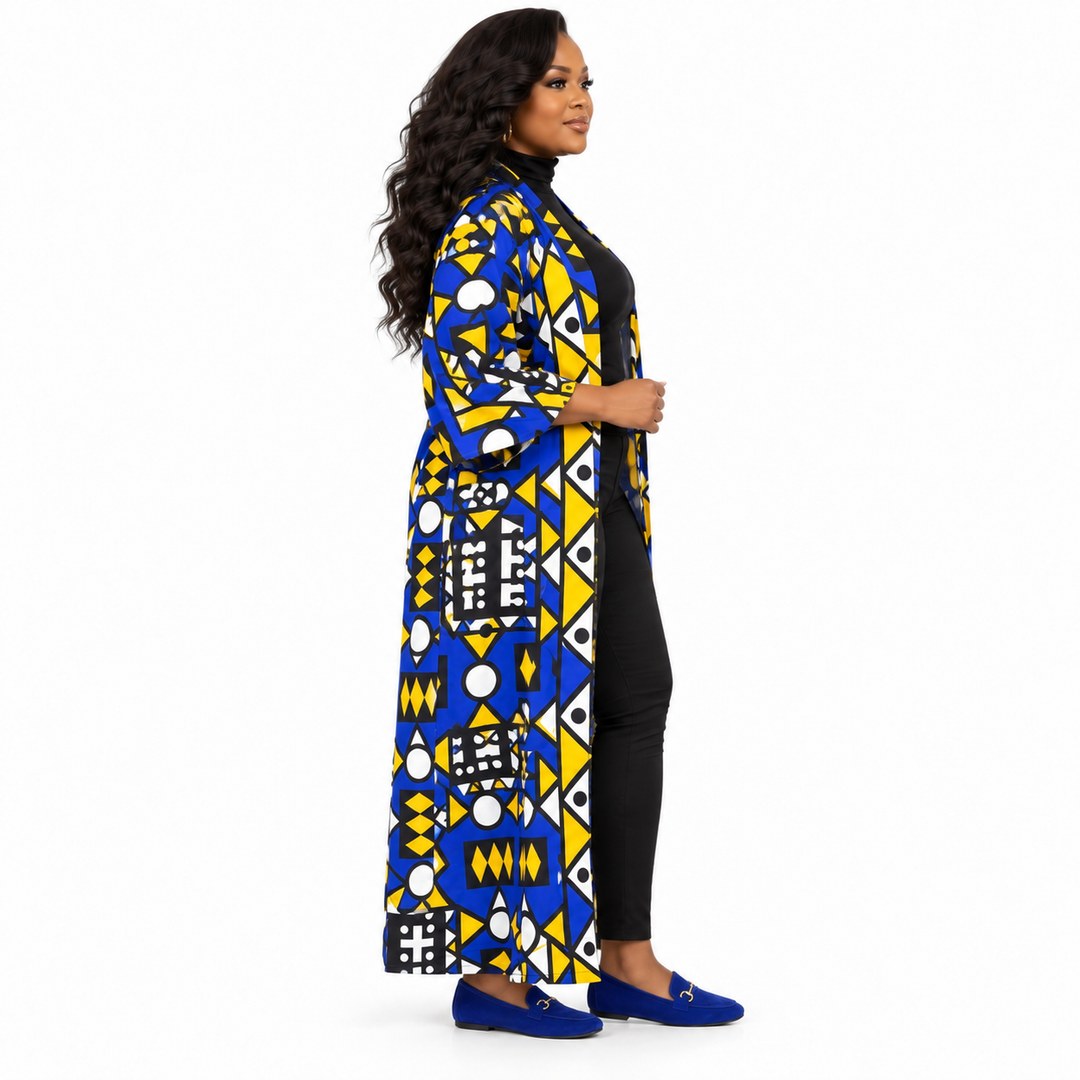 Blue &amp; Yellow African Print Long Cotton Kimono