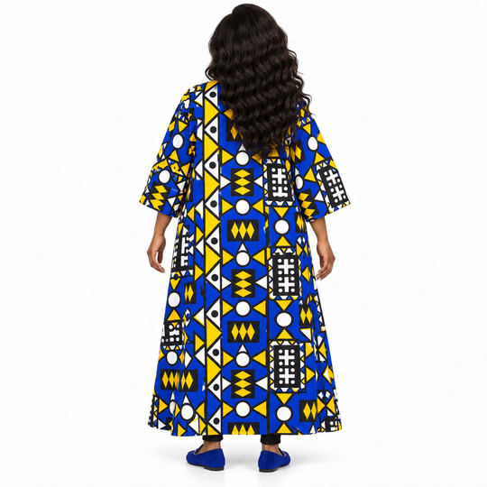 Blue &amp; Yellow African Print Long Cotton Kimono