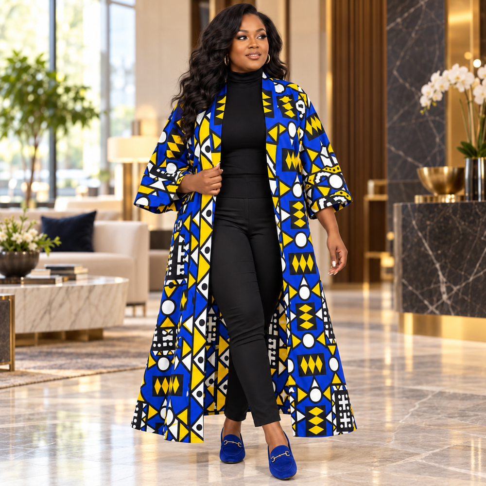 Blue & Yellow African Print Long Cotton Kimono