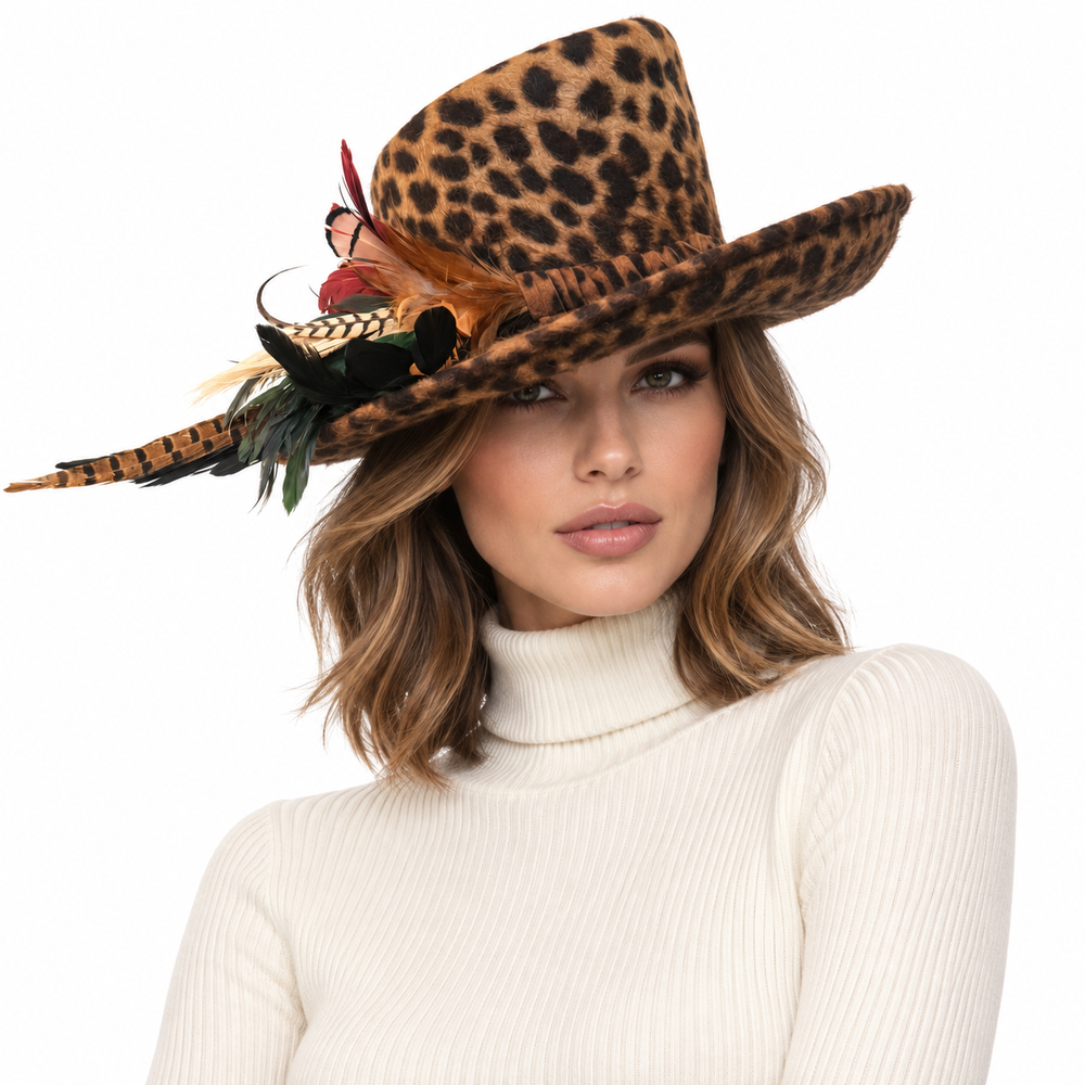 Leopard Print Genuine Fur Felt Hat with Feather Trim