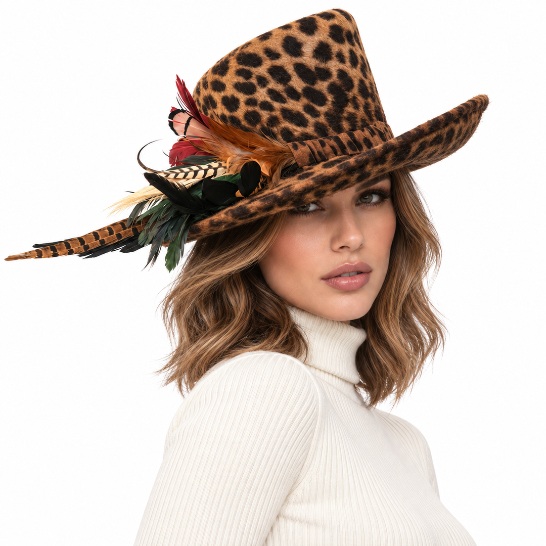 Leopard Print Genuine Fur Felt Hat with Feather Trim