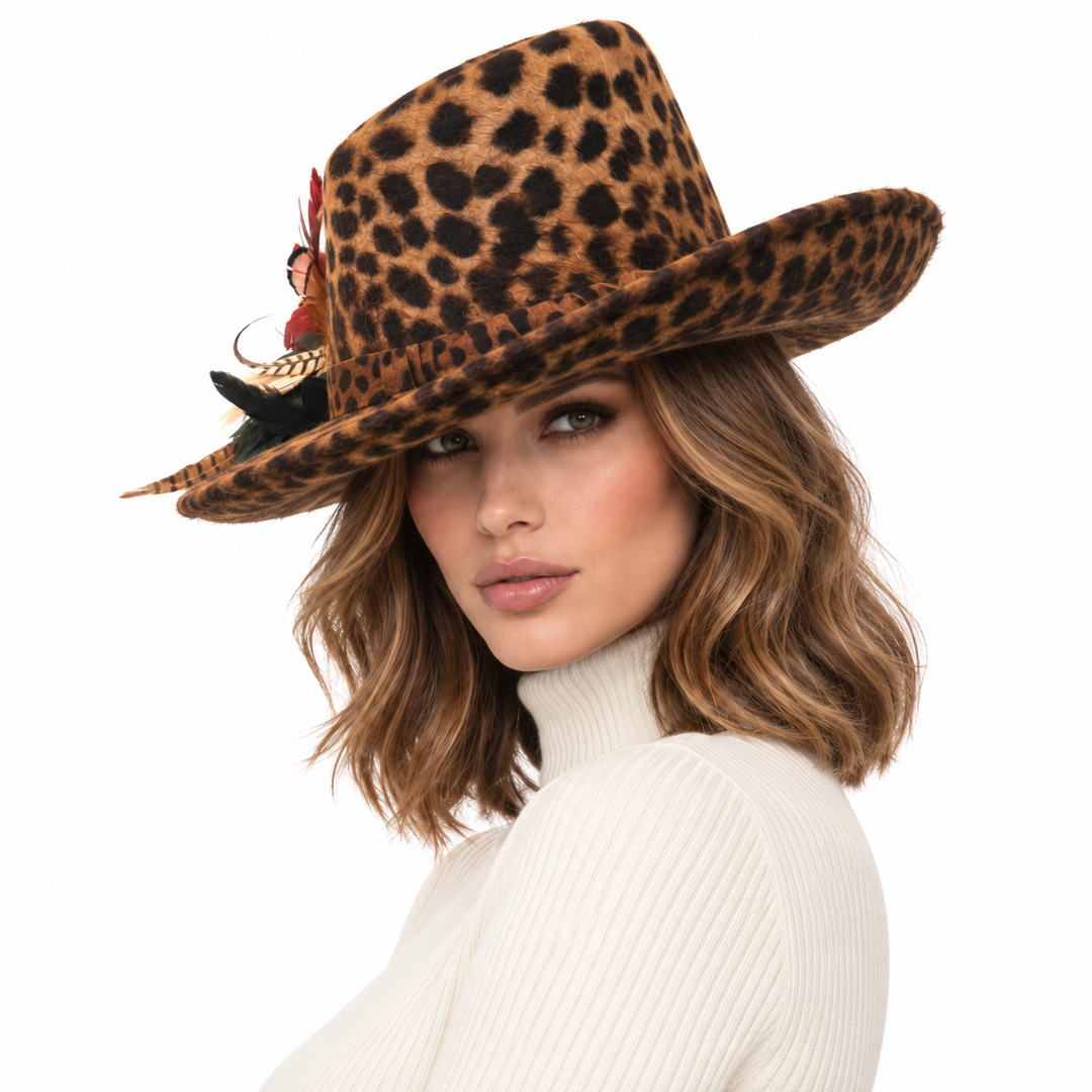 Leopard Print Genuine Fur Felt Hat with Feather Trim