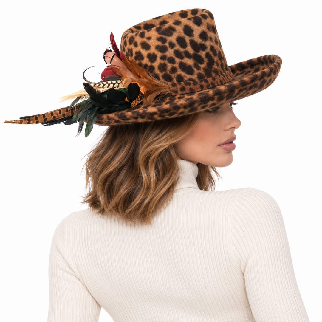 Leopard Print Genuine Fur Felt Hat with Feather Trim