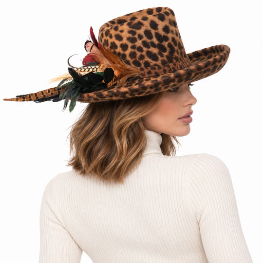 Leopard Print Genuine Fur Felt Hat with Feather Trim