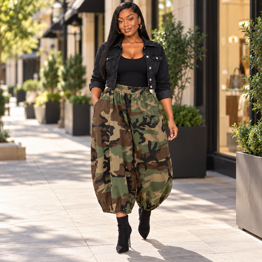 Camo Oversized Harem Pants with Side Pocket: Brown
