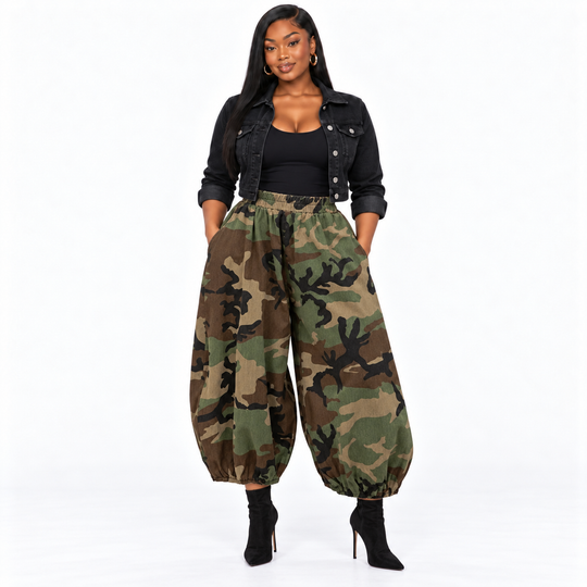 Camo Oversized Harem Pants with Side Pocket: Brown