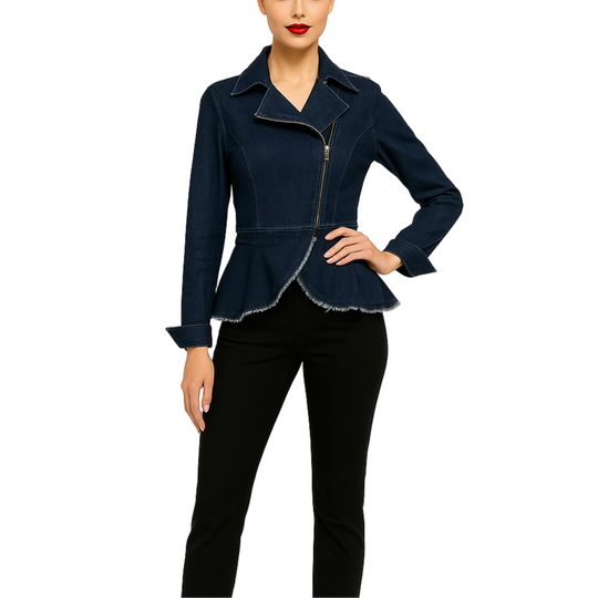 Samuel Dong denim motorcycle jacket with peplum hem, asymmetrical zip, and raw edge trim.