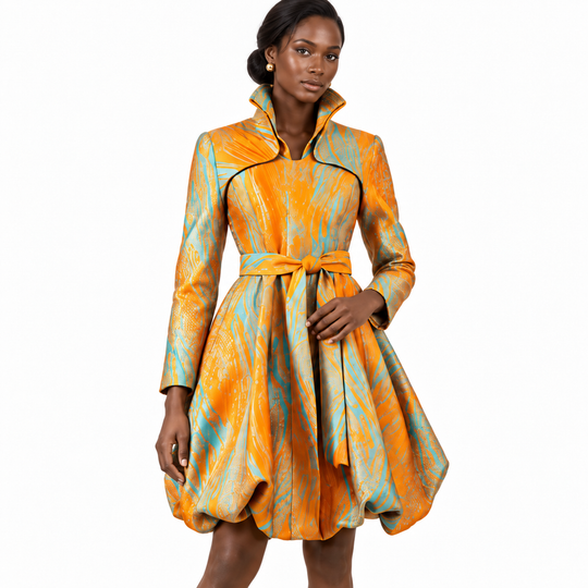 Jacquard Versatile Dress Coat - Mustard Turquoise