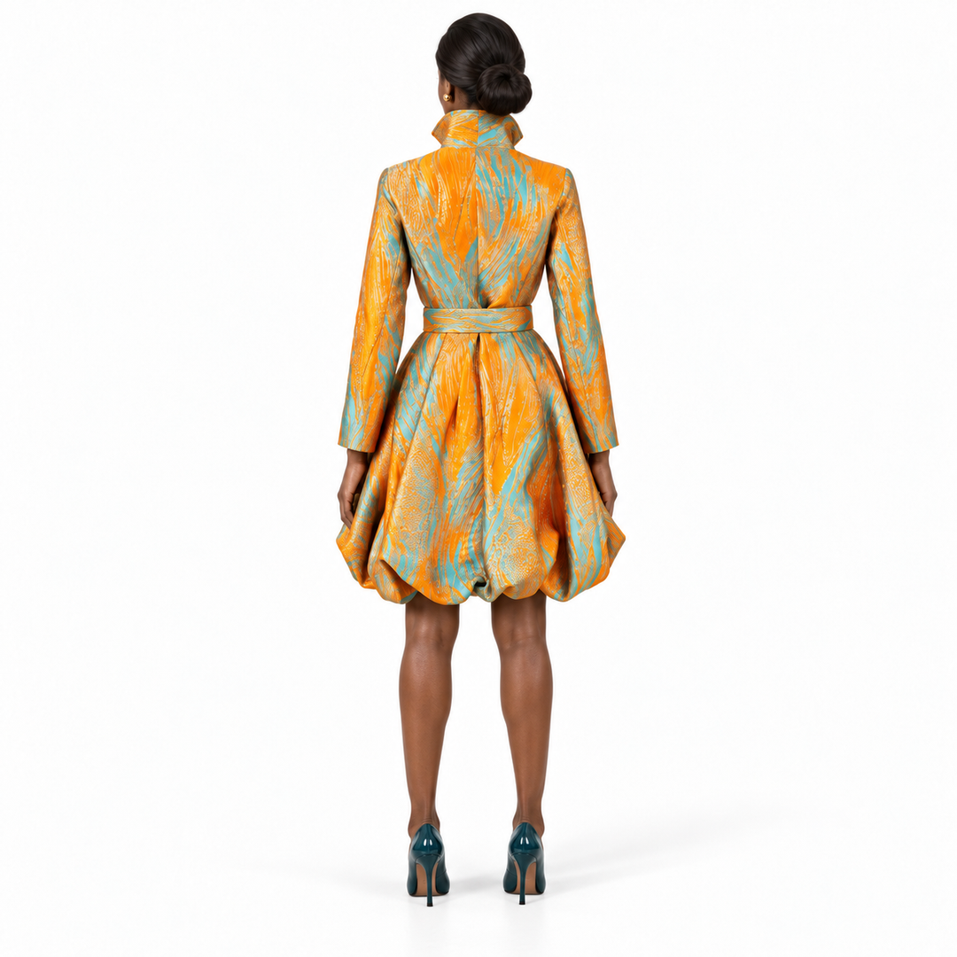 Jacquard Versatile Dress Coat - Mustard Turquoise