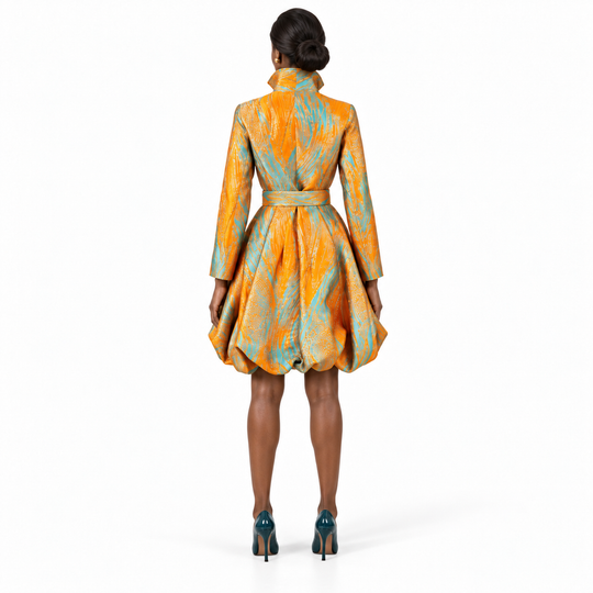 Jacquard Versatile Dress Coat - Mustard Turquoise