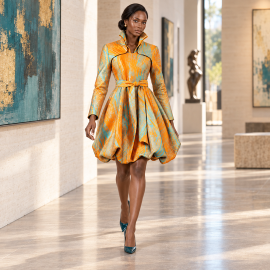 Jacquard Versatile Dress Coat - Mustard Turquoise