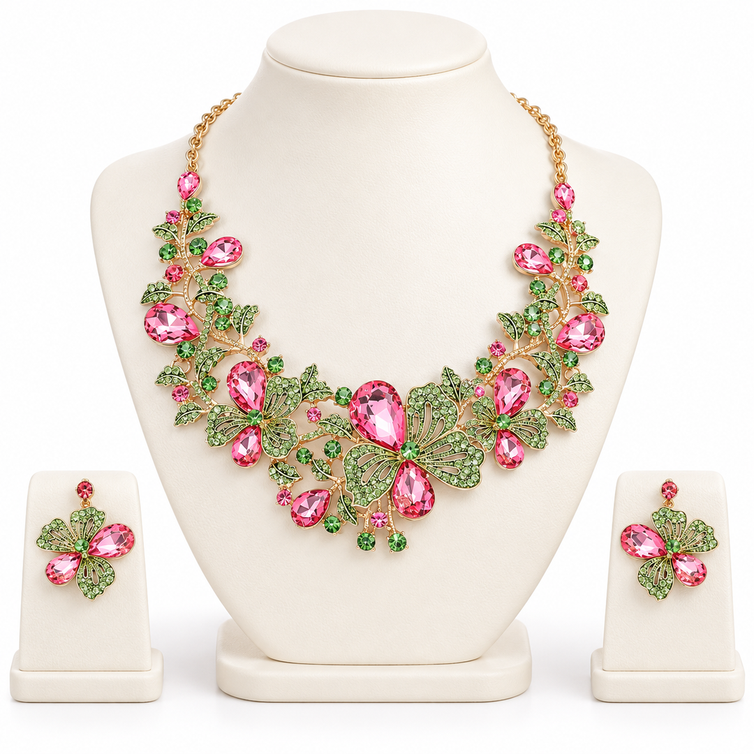 Abendset Halskette und Ohrringe aus rosa und grünem Glas-Kristall