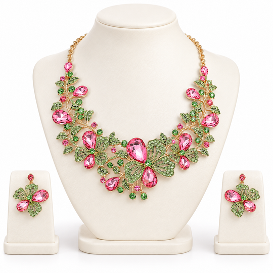 Abendset Halskette und Ohrringe aus rosa und grünem Glas-Kristall