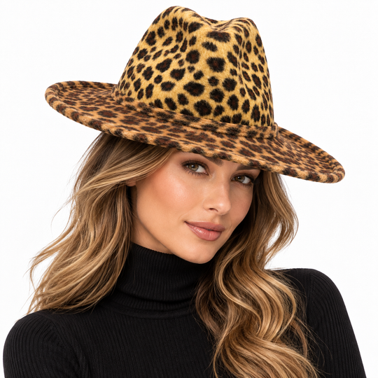 Sombrero con estampado de leopardo y ala media vuelta con ribete de plumas