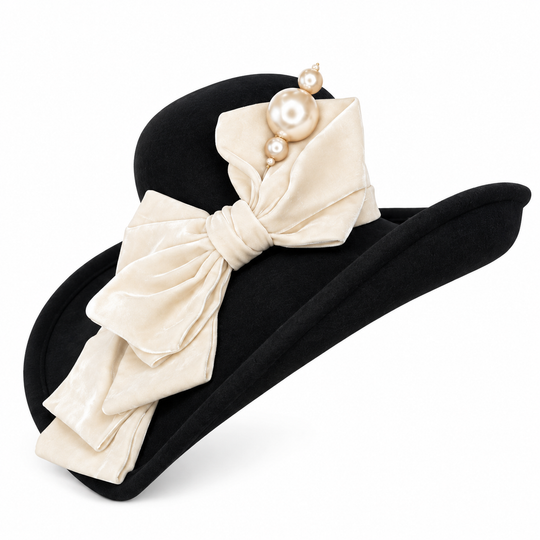 Black Wool Hat with Cream Bow and Pearl Trim