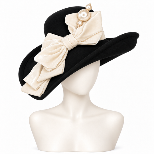 Black Wool Hat with Cream Bow and Pearl Trim