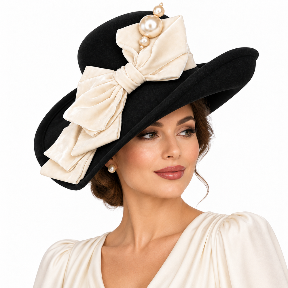 Black Wool Hat with Cream Bow and Pearl Trim