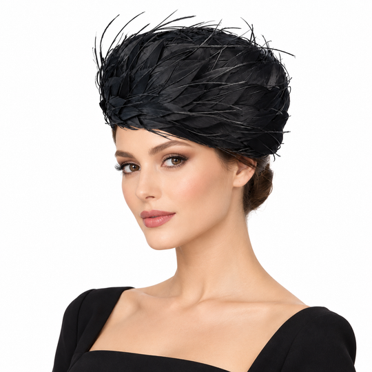 Black Feather Pillbox Wool Hat