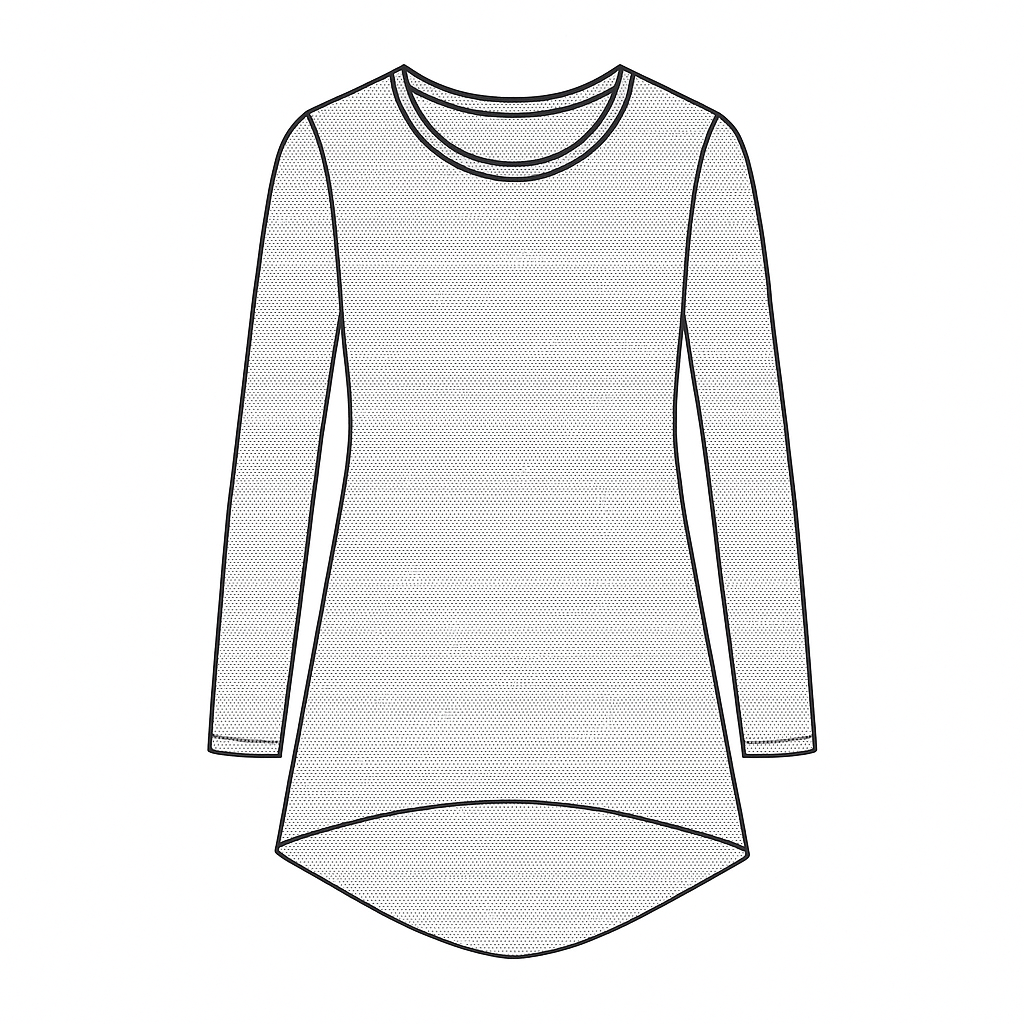 Black and white line drawing of a long-sleeve shirt on a white background