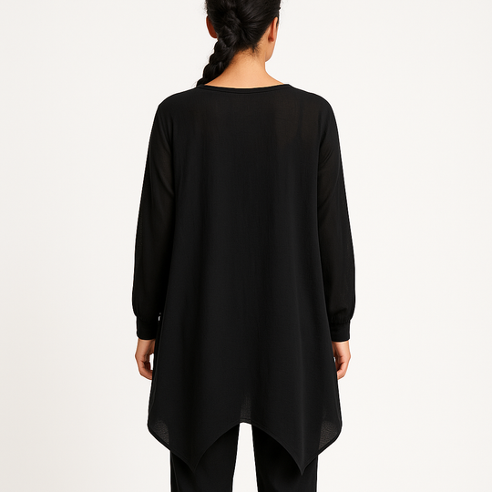 Tilly Tunic with Pleated Chest Panel & Abstract Hem – Black