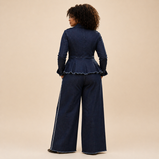 Raw Edge Denim Suit Set – Peplum Jacket &amp; Wide Leg Pants