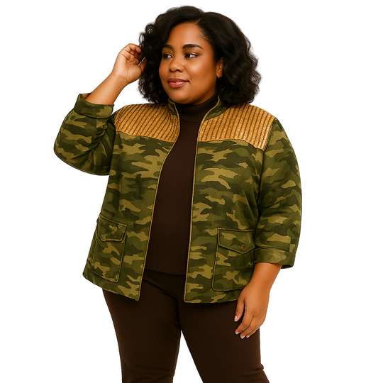 Woman wearing a green camouflage jacket with brown accents on a white background