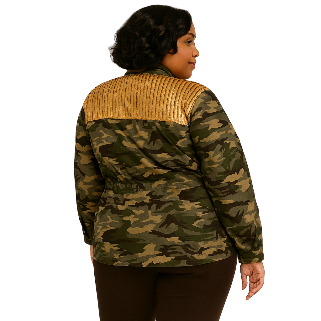 Person wearing a camouflage jacket with a gold shoulder patch on a white background