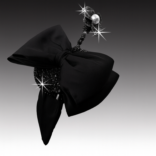 Black bow tie with decorative elements on a gradient background