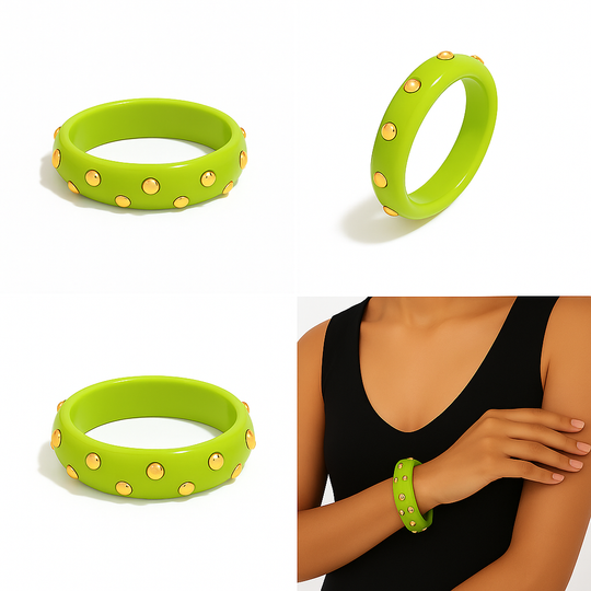 Lime Green Studded Lucite Bangle – Gold Plated Stainless Steel