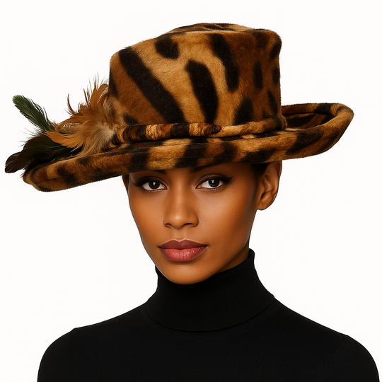 Leopard Print Medium Up-Turn Brim with Feather Trim