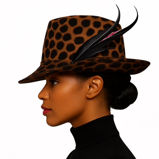 Woman wearing a leopard print hat with feathers on a white background