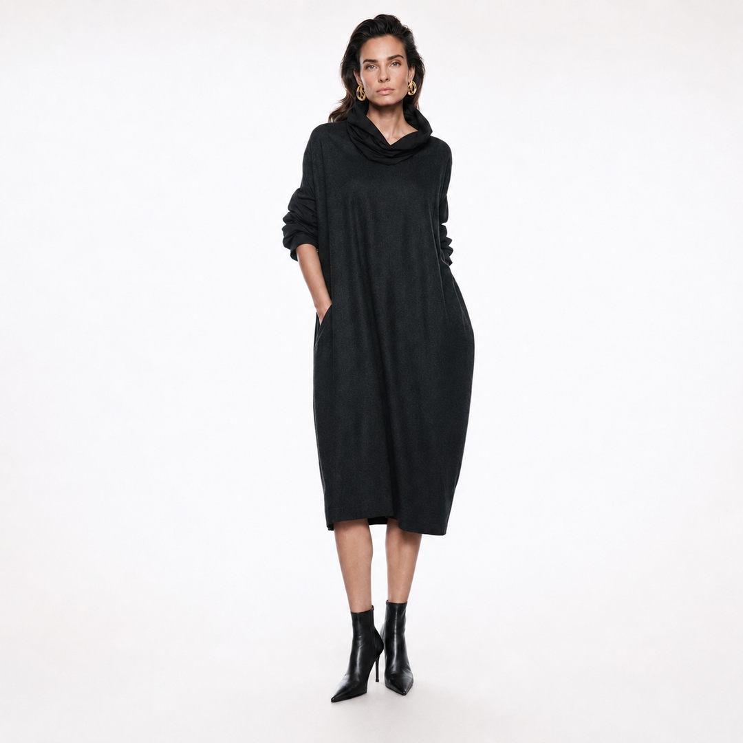 Scilla Charcoal Cocoon Midi Dress with Cowl Collar