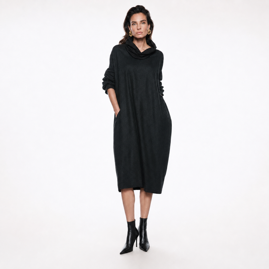 Scilla Charcoal Cocoon Midi Dress with Cowl Collar