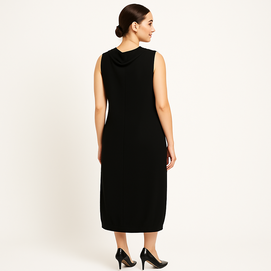 Elegant Black Cowl Neck Midi Dress – Sleeveless Balloon Hem