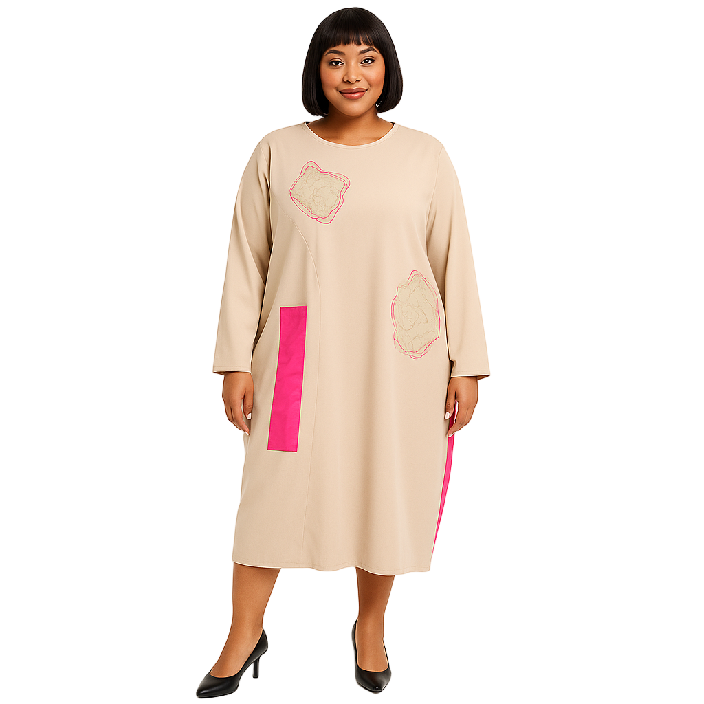 Woman wearing a beige dress with pink accents on a white background
