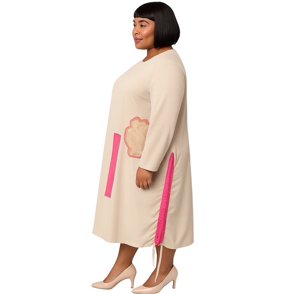 Woman wearing a beige dress with pink accents on a white background