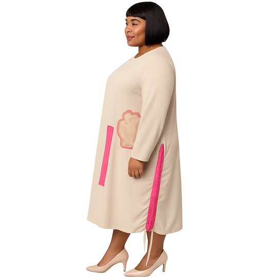 Woman wearing a beige dress with pink accents on a white background