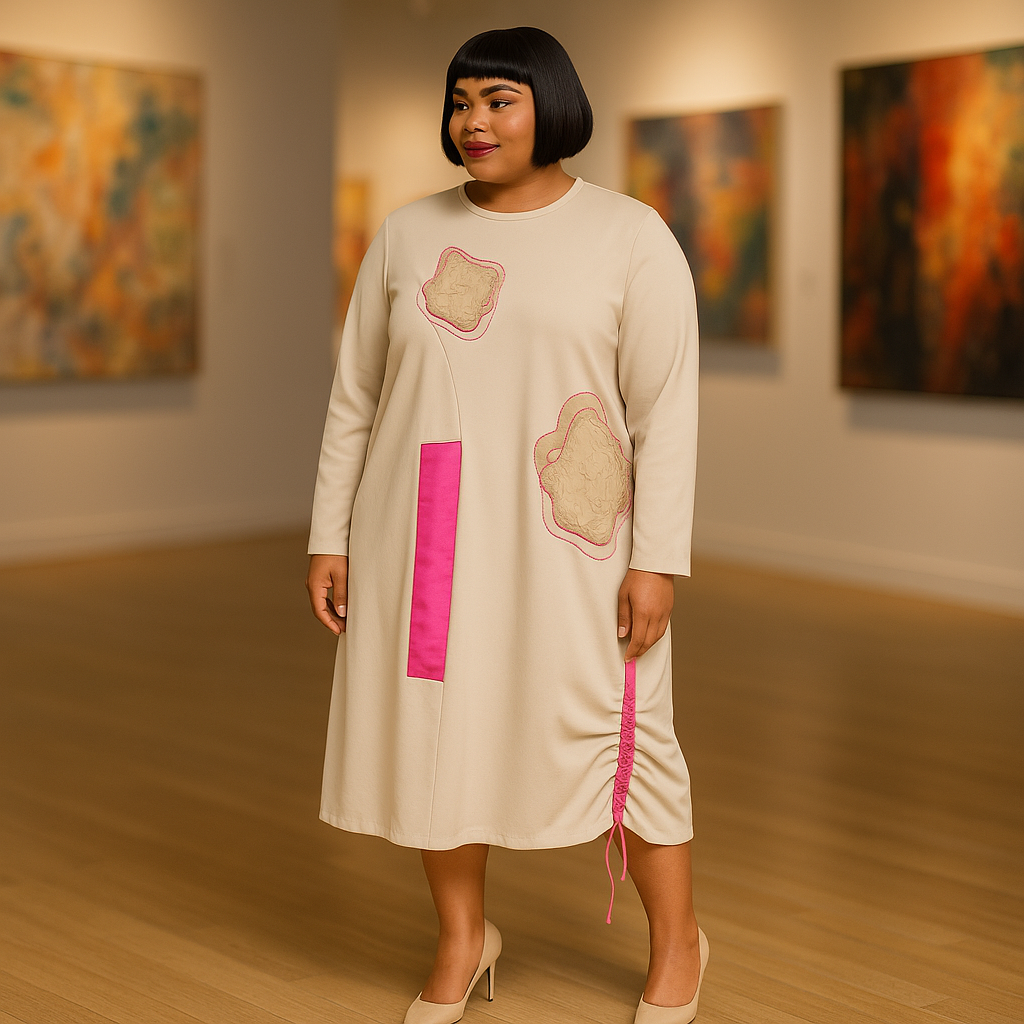 Artsy Beige Midi Dress with Fuchsia Panels & Drawstring